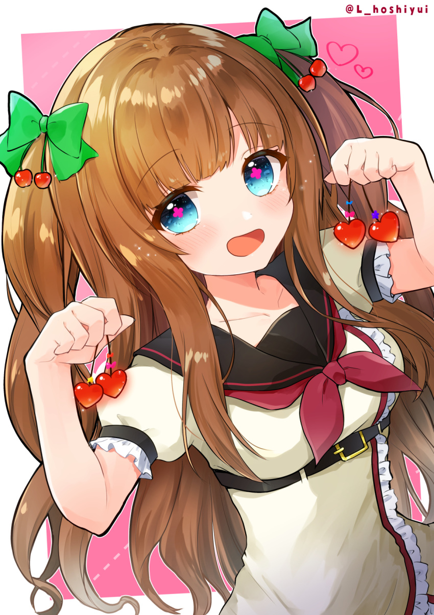 .live 1girl belt blue_eyes blush breasts collarbone commentary_request earrings hair_ornament highres jewelry kakyouin_chieri open_mouth ribbon school_uniform simple_background solo twitter_username virtual_youtuber