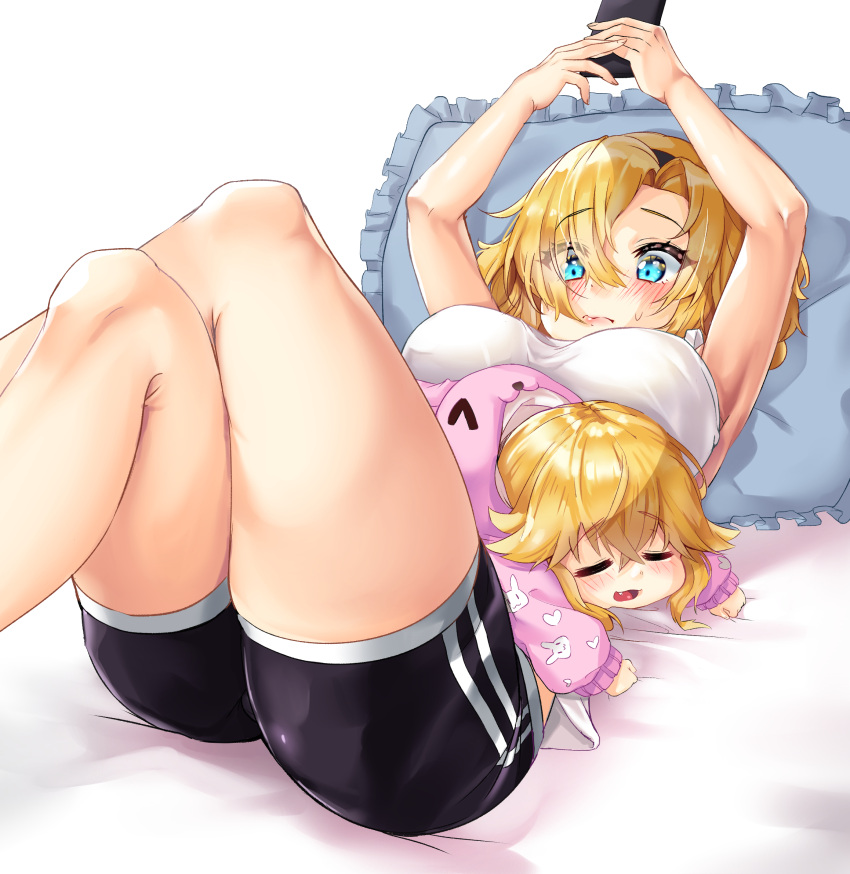 2girls bed black_shorts blonde_hair blue_eyes blush cellphone colored_skin crossed_legs cushion future_princess guardian_tales hand_up highres kiwoseo_meogneundas little_princess_(guardian_tales) multiple_girls open_mouth phone short_hair shorts sleeping smartphone white_skin