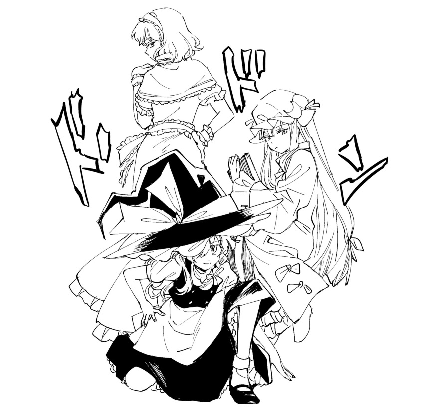 3girls alice_margatroid apron battle_tendency black_footwear black_headwear black_skirt black_vest book bow braid capelet commentary_request dress frilled_hairband frills frown greyscale hair_bow hairband hand_on_hip hat hat_over_one_eye hat_ribbon highres holding holding_book jojo_no_kimyou_na_bouken jojo_pose kirisame_marisa long_hair long_sleeves looking_at_viewer looking_back mob_cap monochrome multiple_girls natsume_(menthol) one_knee patchouli_knowledge pose ribbon shirt shoes short_sleeves simple_background single_braid skirt smile socks sound_effects touhou vest waist_apron white_background white_legwear white_shirt witch_hat wrist_cuffs