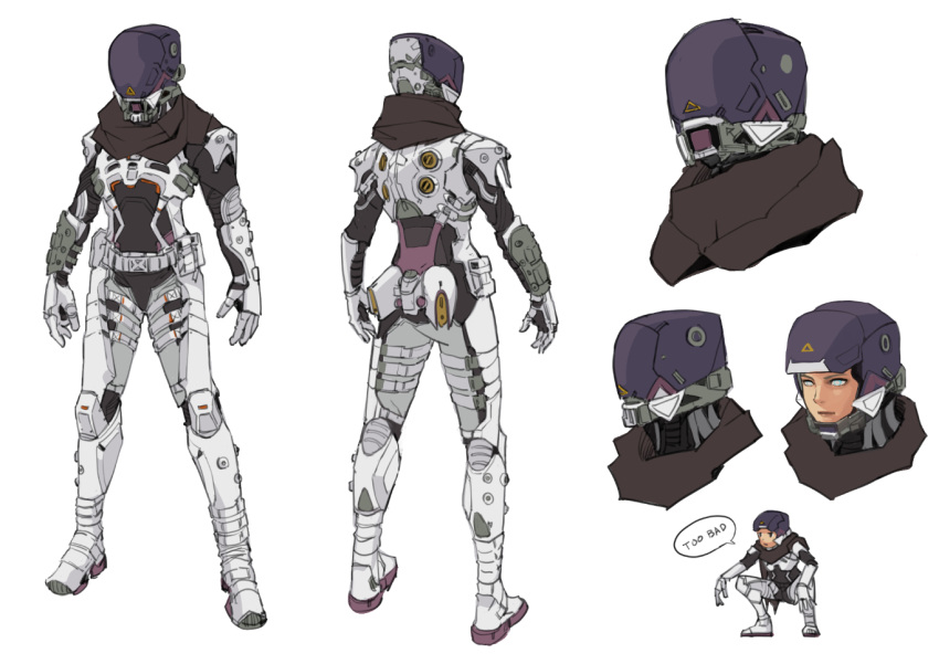 1girl apex_legends armor blue_eyes brown_scarf character_sheet english_text from_behind helmet i-carmine looking_ahead multiple_views open_hands scarf science_fiction speech_bubble squatting white_background wraith_(apex_legends)