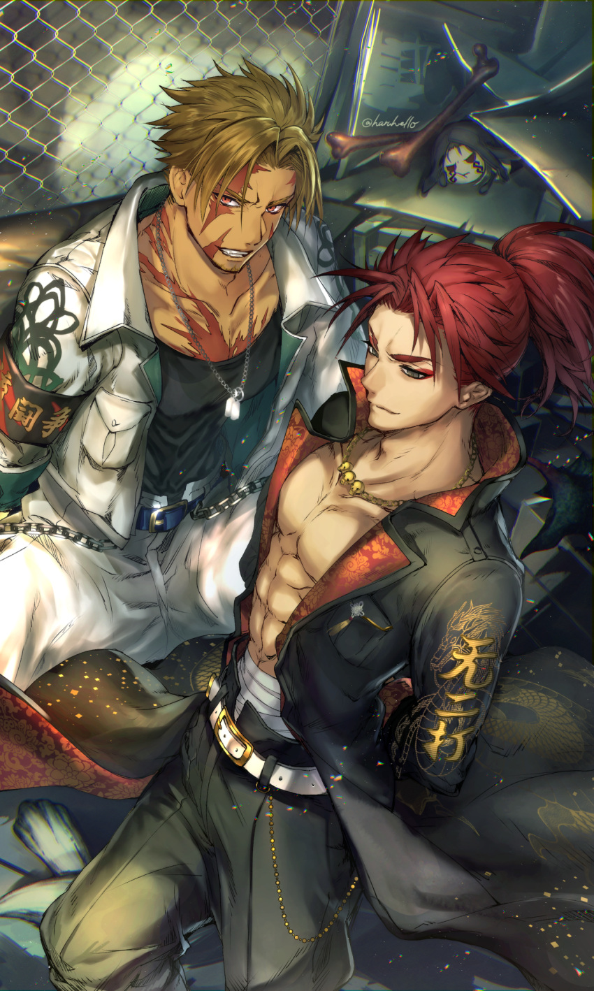 2boys abs bangs beowulf_(fate) blonde_hair bone chinese_clothes commentary_request cu_chulainn_(fate)_(all) cu_chulainn_alter_(fate/grand_order) facial_hair fate/extra fate/grand_order fate_(series) haruko_(haruhello) highres hood jacket jewelry li_shuwen_(fate) li_shuwen_(fate/grand_order) long_hair long_sleeves male_cleavage male_focus manly mini_cu-chan_(fate) multiple_boys muscular muscular_male necklace open_clothes open_jacket pants pectorals ponytail red_eyes redhead scar smile tank_top teeth toned toned_male