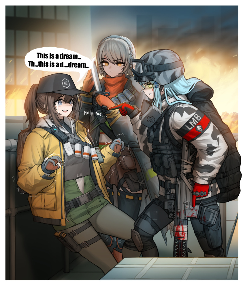 3girls absurdres acog assault_rifle bandolier cheogtanbyeong cleaners combat_knife commentary deele_(girls_frontline) dima_(girls_frontline) duct_tape english_text explosive gas_mask genderswap genderswap_(mtf) girls_frontline gloves goggles goggles_on_headwear grenade gun h&amp;k_hk416 helmet highres hk416_(fang)_(girls_frontline) hk416_(girls_frontline) knife last_man_battalion mask_around_neck multiple_girls pointing rifle rogue_division_agent scope speech_bubble tactical_clothes thigh-highs tom_clancy's_the_division trigger_discipline vector_(girls_frontline) vector_(hellfire)_(girls_frontline) weapon winter_uniform