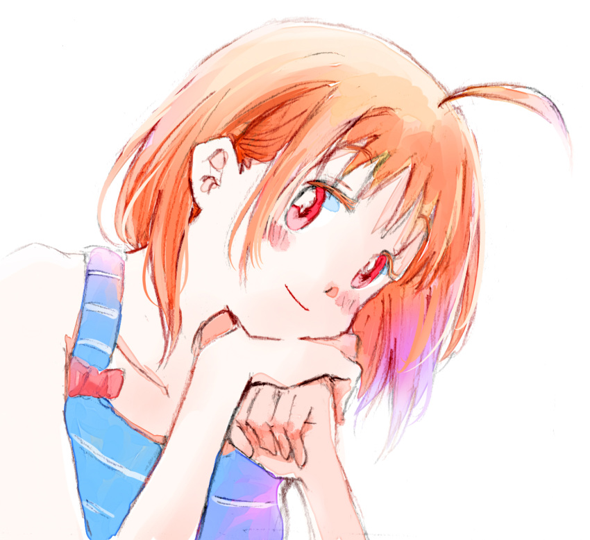 1girl ahoge alternate_hairstyle bangs blue_shirt bow bowtie commentary_request eyebrows_visible_through_hair gradient_hair head_rest highres looking_at_viewer love_live! love_live!_sunshine!! multicolored_hair orange_hair pajamas red_eyes shirt short_hair sidelocks sleeveless sleeveless_shirt smile solo takami_chika white_(waterwhite)