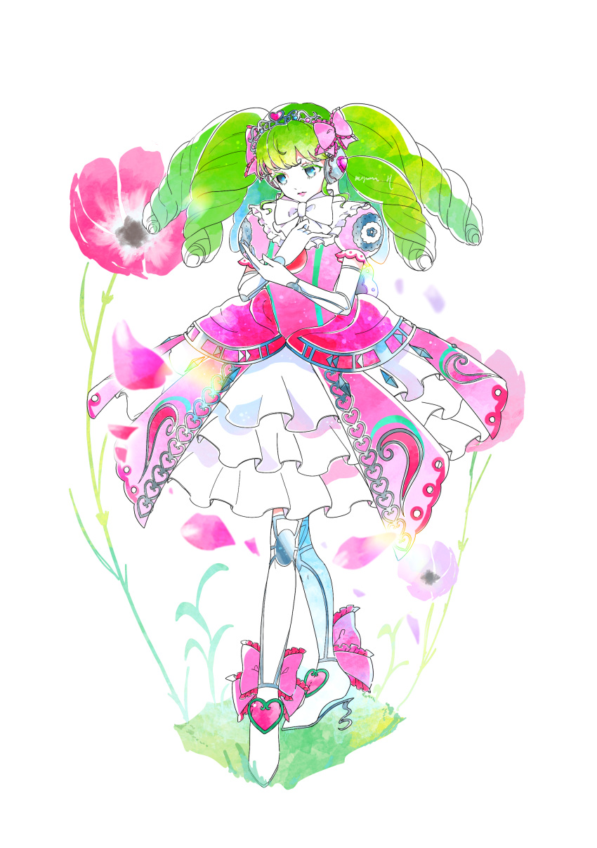 1girl absurdres blue_eyes boots bow bow_footwear bowtie crossed_legs dress drill_hair elbow_gloves falulu floral_background flower_request frilled_bow frilled_dress frills full_body gem gloves hair_bow hayasaka_megumi headphones heart high_heel_boots high_heels highres idol layered_dress lipstick long_hair looking_at_hand makeup petals pink_bow pink_dress pink_lips pretty_(series) pripara puffy_short_sleeves puffy_sleeves short_sleeves simple_background solo thigh-highs thigh_boots tiara twin_drills twintails white_background white_bow white_dress white_footwear white_neckwear