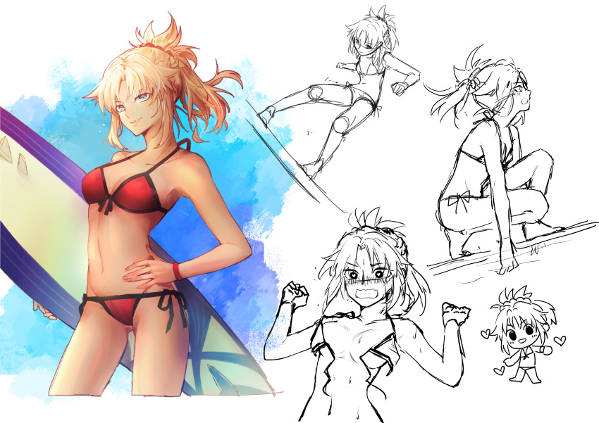 :o absurdres bare_shoulders bikini blonde_hair blue_eyes blush breasts collarbone dogdogwanwan fate/grand_order fate_(series) front-tie_top hair_ornament hair_scrunchie hand_on_hip heart highres medium_hair messy_hair mordred_(fate)_(all) mordred_(swimsuit_rider)_(fate) multiple_views partially_colored red_bikini red_scrunchie scrunchie short_ponytail side-tie_bikini small_breasts surfboard swimsuit untied untied_bikini