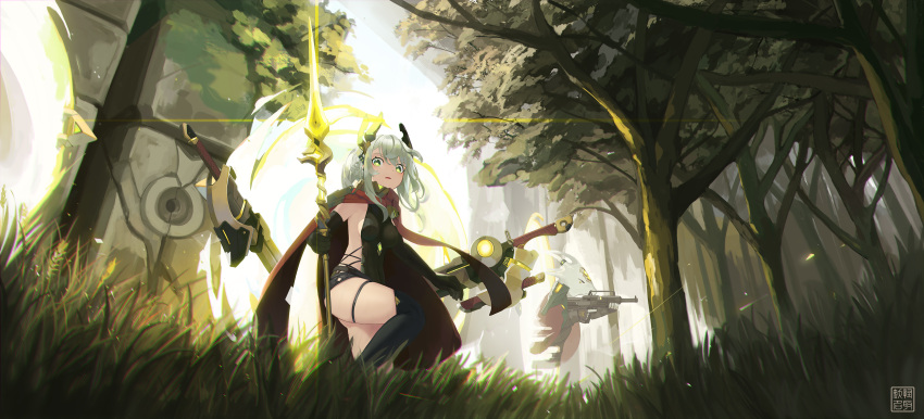 1girl absurdres bangs black_gloves black_legwear black_leotard breasts brown_cape cape commentary day elbow_gloves english_commentary eyebrows_behind_hair forest gloves glowing green_eyes grey_hair gun hair_between_eyes highres holding holding_gun holding_spear holding_weapon horns leotard looking_at_viewer medium_breasts natori_youkai nature original outdoors parted_lips polearm spear sword thigh-highs tree weapon