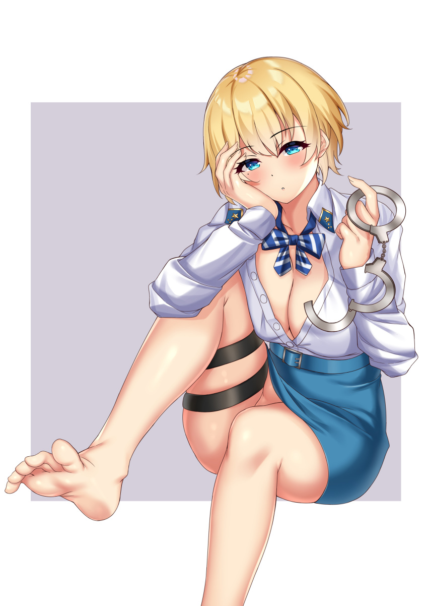 1girl absurdres bare_legs barefoot blonde_hair blue_eyes cuffs feet girls_frontline handcuffs highres holding_handcuffs legs looking_at_viewer lumu_yuanxiang mole mole_under_eye necktie pantyhose shirt short_hair skirt snap-fit_buckle soles taut_clothes taut_skirt thigh-highs vsk-94_(girls_frontline) white_shirt