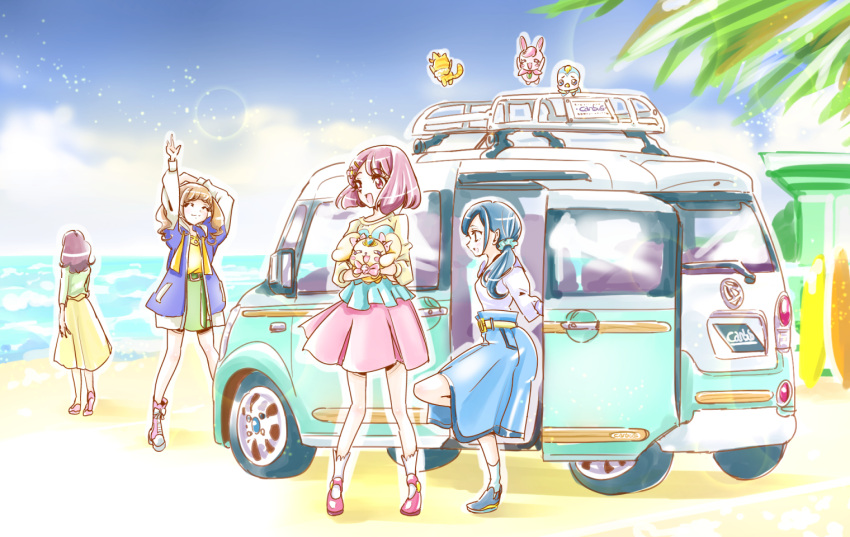 4girls :3 ^_^ animal aqua_legwear aqua_scrunchie aqua_shirt beach blouse blue_footwear blue_hair blue_jacket blue_skirt blue_sky blunt_ends boots brown_hair car closed_eyes closed_mouth clouds cloudy_sky day dog facing_viewer from_behind from_side full_body green_skirt ground_vehicle hair_ornament hair_scrunchie hanadera_nodoka hanadera_yasuko hand_up healin'_good_precure healing_animal high-waist_skirt hiramitsu_hinata holding holding_animal holding_dog hood hooded_jacket iedesan jacket latte_(precure) lens_flare letterman_jacket light_particles loafers long_hair long_skirt long_sleeves looking_to_the_side miniskirt mother_and_daughter motor_vehicle multiple_girls nyatoran_(precure) ocean palm_tree pegitan_(precure) pink_footwear pink_hair pink_skirt precure purple_shirt rabbit rabirin_(precure) sand sawaizumi_chiyu scrunchie shirt shoes short_hair side_ponytail sideways_mouth skirt sky smile sneakers socks stretch surfboard tiger tree twintails two-tone_shirt vehicle_request walking water waves white_legwear white_shirt white_sleeves yellow_belt yellow_blouse yellow_skirt