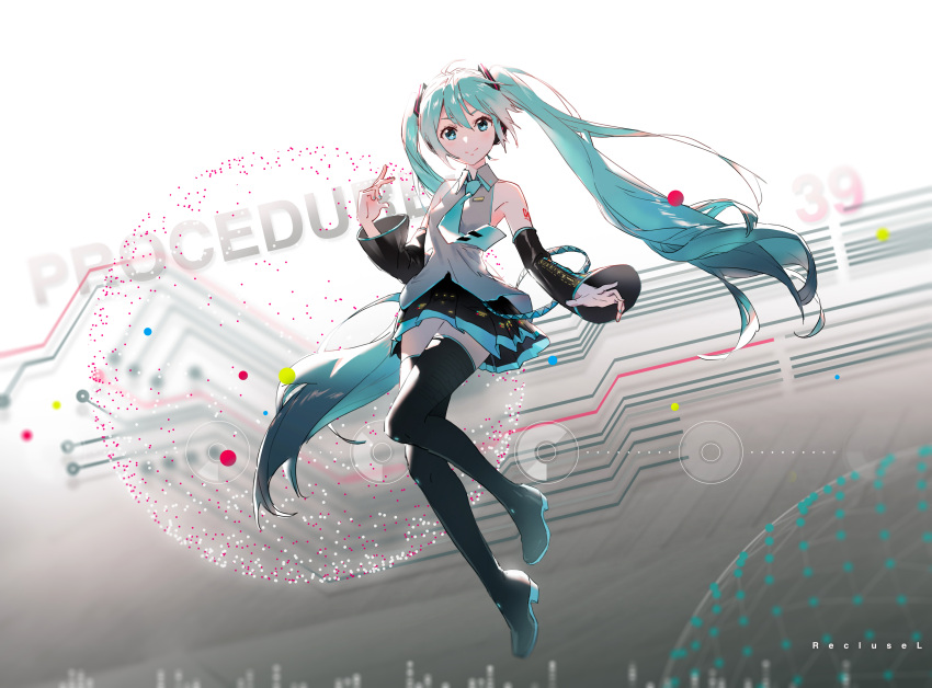 1girl 39 absurdres aqua_eyes aqua_hair aqua_nails aqua_neckwear bare_shoulders black_legwear black_skirt black_sleeves commentary detached_sleeves dots floating full_body graphic_equalizer grey_shirt hair_ornament hatsune_miku headphones highres light_smile lines long_hair looking_at_viewer miniskirt nail_polish necktie pleated_skirt recluseying39 shirt shoulder_tattoo skirt sleeveless sleeveless_shirt solo tattoo thigh-highs twintails very_long_hair vocaloid zettai_ryouiki