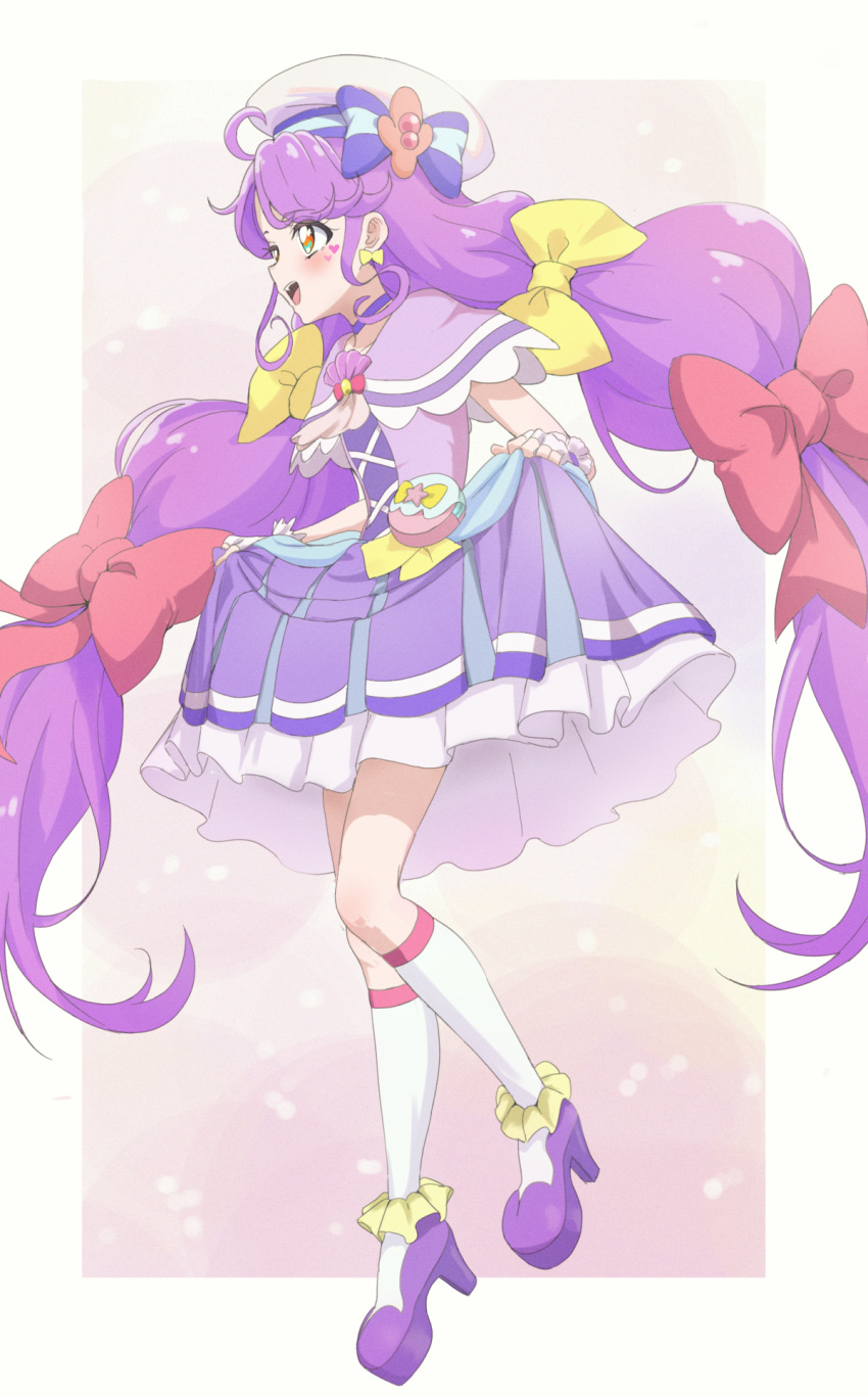 1girl :d ahoge blue_bow bow commentary_request cure_coral full_body hair_bow hat highres lifted_by_self long_hair looking_away magical_girl open_mouth precure purple_footwear purple_skirt red_bow skirt skirt_lift smile solo standing suzumura_sango trg-_(sain) tropical-rouge!_precure very_long_hair violet_eyes white_headwear yellow_bow