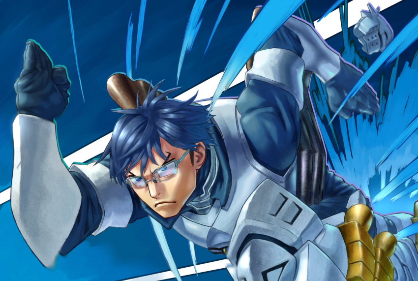 1boy armor blue_background blue_eyes blue_hair boku_no_hero_academia commentary_request glasses grey-framed_eyewear headwear_removed helmet helmet_removed highres iida_tenya male_focus rectangular_eyewear running semi-rimless_eyewear solo two-tone_background vambraces visible_air white_background yomoyama_yotabanashi