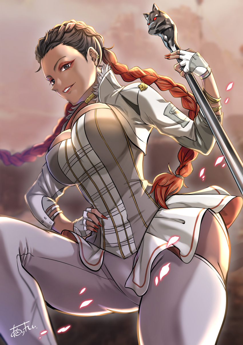 1girl apex_legends artist_name ass braid breasts brown_hair commission corset dark_skin dark-skinned_female eyeshadow fingerless_gloves floating_hair gloves gradient_hair hand_on_hip highres holding holding_staff huleito large_breasts leggings loba_(apex_legends) long_hair looking_at_viewer makeup multicolored_hair orange_hair parted_lips red_eyeshadow red_nails skeb_commission skirt smile solo staff twin_braids white_gloves white_legwear white_skirt wide_hips