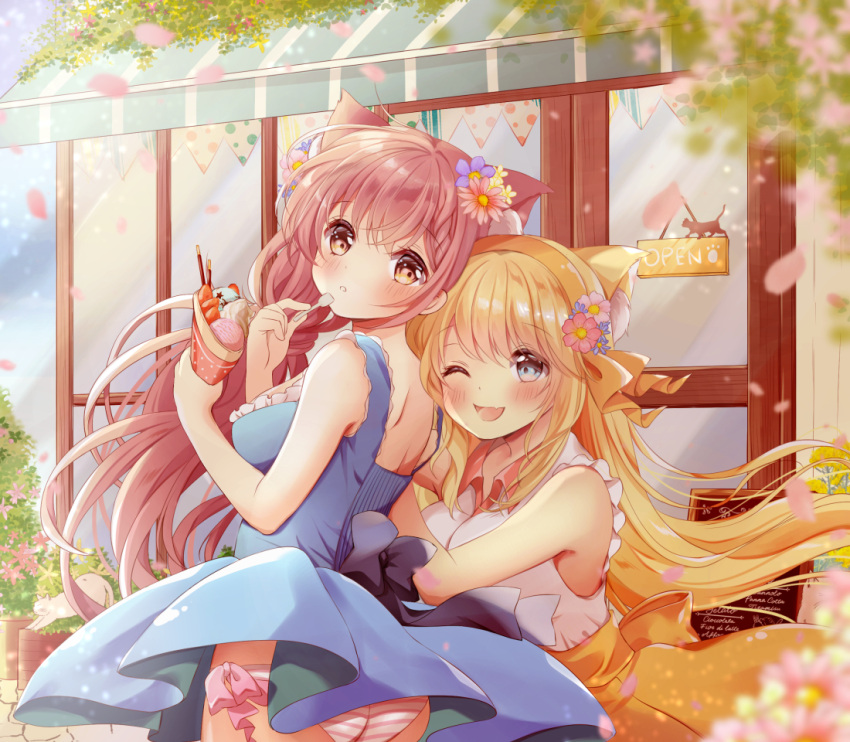 2girls ;d animal_ear_fluff animal_ears bangs bare_shoulders blonde_hair blue_dress blue_eyes blush breasts cat cat_ears collared_shirt commentary_request day dress eyebrows_visible_through_hair fang flower food hair_flower hair_ornament hairband holding holding_food holding_spoon ice_cream ice_cream_cone ice_cream_spoon leaning_on_person long_hair medium_breasts multiple_girls one_eye_closed open_mouth open_sign orange_eyes orange_skirt original outdoors panties petals plant ponytail potted_plant redhead sakura_(ichisakupink) shirt skirt sleeveless sleeveless_shirt smile spoon standing storefront striped striped_panties underwear very_long_hair white_panties white_shirt