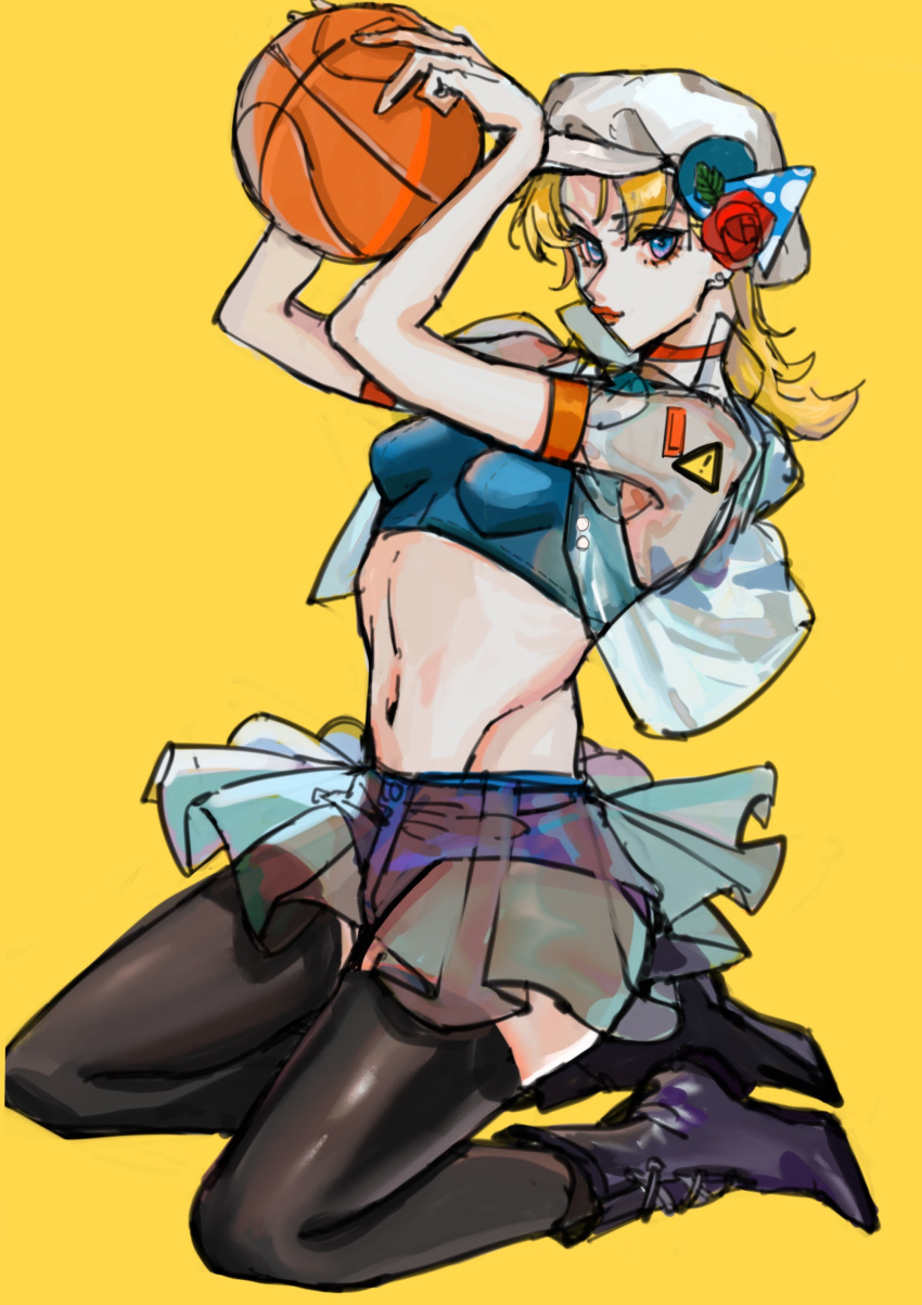 1girl absurdres armband basketball battle_tendency black_footwear black_legwear blonde_hair blue_eyes boots breasts choker crop_top earrings flower hat hat_flower highres jewelry jojo_no_kimyou_na_bouken medium_hair micro_shorts midriff miniskirt navel red_lips rose see-through shorts shorts_under_skirt sign simple_background skirt small_breasts solo stud_earrings suzi_q thigh-highs warning_sign xubeichaoyansuan yellow_background