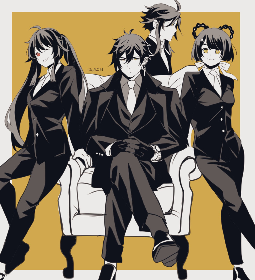 2boys 2girls :p ahoge armchair artist_name bangs braid breasts chair closed_mouth collared_jacket collared_shirt crossed_legs earrings flower-shaped_pupils formal from_side genshin_impact greyscale hair_ornament hair_rings hairclip hands_together highres hu_tao jacket jewelry long_pants long_sleeves looking_at_viewer monochrome multiple_boys multiple_girls necktie one_eye_closed pants partially_colored red_eyes shirt shoes short_hair short_hair_with_long_locks sidelocks simple_background single_earring sitting smile suit sushisalmon95 tassel tassel_earrings tongue tongue_out twintails watch watch xiangling_(genshin_impact) xiao_(genshin_impact) yellow_background yellow_eyes zhongli_(genshin_impact)