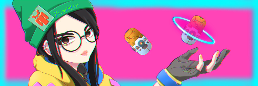 1girl beanie black_gloves black_hair brown_eyes chromatic_aberration explosive floating glasses gloves green_headwear grenade hat highres jacket killjoy_(valorant) leaning_back looking_at_viewer open_hand partially_fingerless_gloves re_mistar round_eyewear solo thick_lips upper_body valorant yellow_jacket