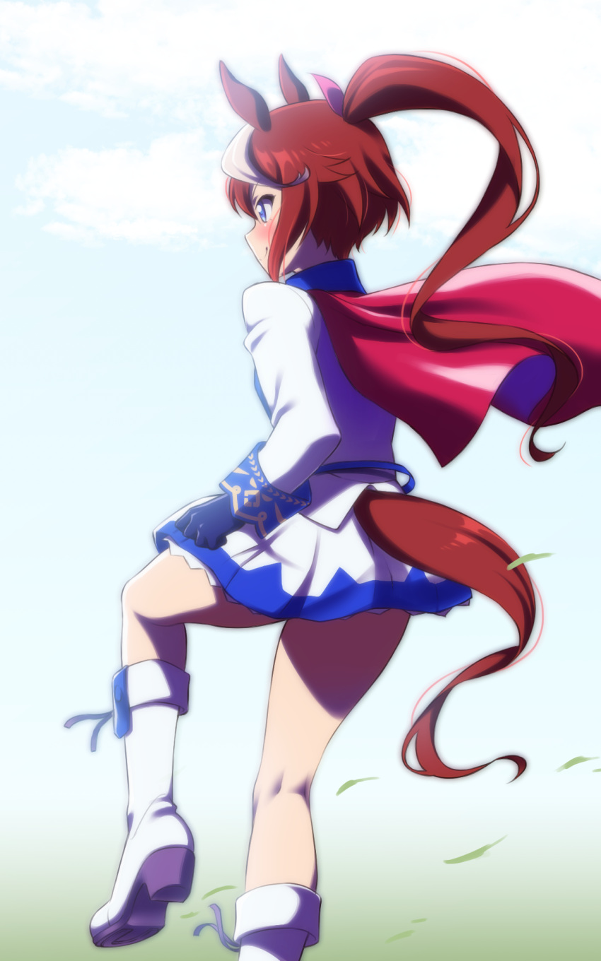 1girl animal_ears blue_eyes blue_gloves blue_sky blush boots brown_hair closed_mouth clouds commentary_request day from_behind gloves highres horse_ears horse_girl horse_tail jacket long_sleeves looking_away multicolored_hair outdoors pleated_skirt ponytail profile shirihime shoe_soles skirt sky smile solo standing standing_on_one_leg streaked_hair tail tokai_teio umamusume white_footwear white_hair white_jacket white_skirt