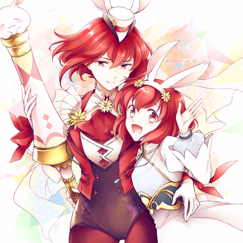 2girls :d animal_ears capelet closed_mouth cowboy_shot dress fake_animal_ears fire_emblem fire_emblem:_mystery_of_the_emblem fire_emblem_heroes flower gloves hair_flower hair_ornament hairband hat highres holding holding_weapon leotard long_hair maria_(fire_emblem) medium_hair minerva_(fire_emblem) mini_hat multiple_girls official_alternate_costume open_mouth polearm rabbit_ears red_eyes redhead see-through shirokuroma_29 short_hair siblings sisters smile twitter_username weapon white_background white_dress white_gloves