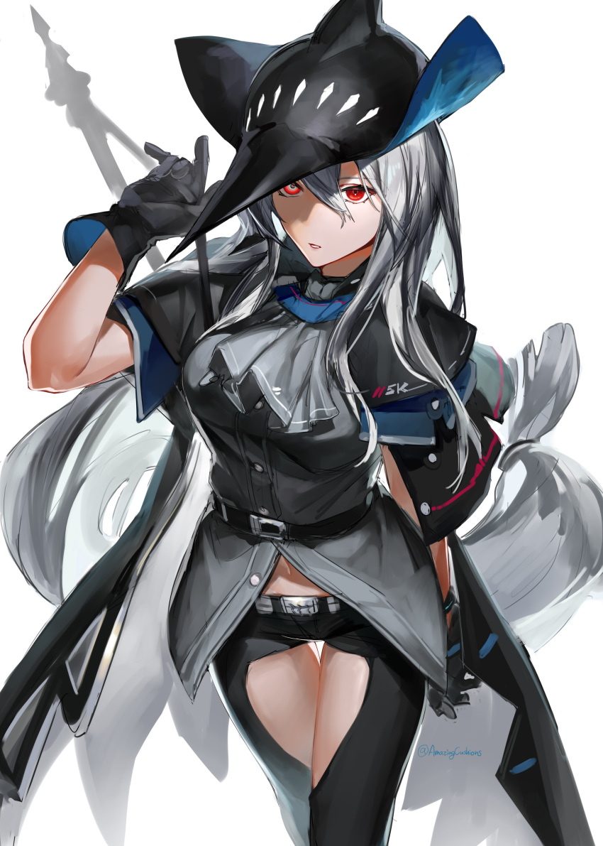 1girl absurdres arknights ascot belt black_belt black_capelet black_cloak black_gloves black_headwear black_pants breasts capelet cloak closed_mouth clothing_cutout commentary cowboy_shot expressionless gloves grey_neckwear grey_shirt hair_between_eyes hat heterochromia highres infection_monitor_(arknights) long_hair looking_at_viewer low-tied_long_hair medium_breasts midriff multicolored multicolored_eyes navel odoroki_itakotoni_(kaiteki_nakusshon) pants red_eyes shirt silver_hair simple_background skadi_(arknights) solo strap sword sword_behind_back thigh_cutout thigh_gap thighs twitter_username very_long_hair weapon white_background