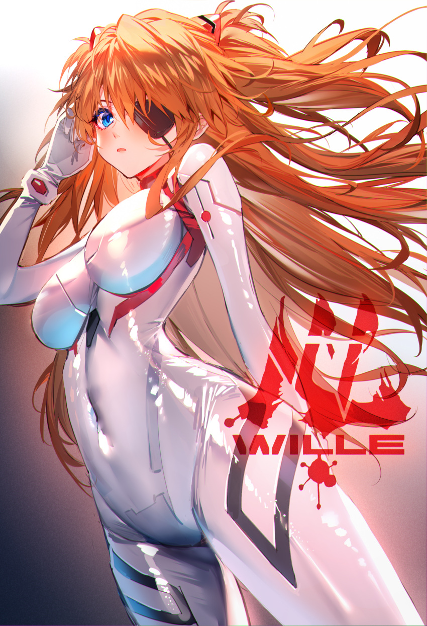 1girl absurdres baocaizi blue_eyes blush bodysuit breasts brown_background covered_navel cowboy_shot dutch_angle eyepatch german_text gloves gradient gradient_background hair_ornament hand_up highres large_breasts long_hair looking_at_viewer neon_genesis_evangelion one_eye_covered orange_hair parted_lips plugsuit shikinami_asuka_langley shiny shiny_clothes skin_tight solo souryuu_asuka_langley two_side_up very_long_hair white_bodysuit white_gloves