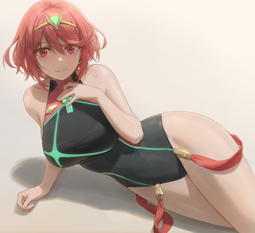 1girl bangs black_swimsuit blush breasts commentary_request covered_navel earrings free_style_(yohan1754) highleg highleg_swimsuit highres jewelry large_breasts looking_at_viewer lying on_side one-piece_swimsuit pyra_(pro_swimmer)_(xenoblade) pyra_(xenoblade) red_eyes red_swimsuit redhead short_hair sidelocks swept_bangs swimsuit tiara two-tone_swimsuit xenoblade_chronicles_(series) xenoblade_chronicles_2