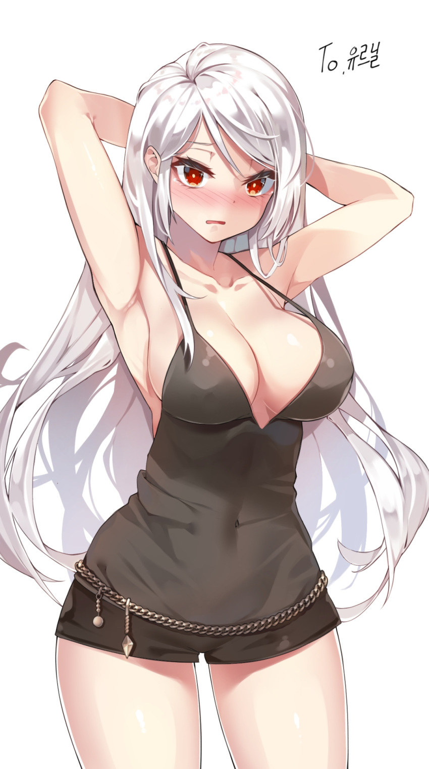 1girl armpits arms_behind_head bangs belly_chain black_shorts black_tank_top blush breasts center_opening chukibabo2 collarbone commission contrapposto covered_navel cowboy_shot hair_between_eyes highres jewelry large_breasts long_hair looking_at_viewer no_bra nose_blush original red_eyes short_shorts shorts simple_background solo strap_gap swept_bangs tank_top very_long_hair white_background white_hair