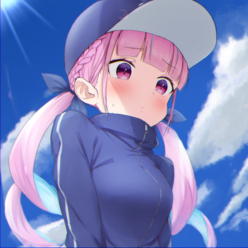 1girl alternate_costume bangs baseball_cap blue_headwear blue_jacket blue_ribbon blue_sky blunt_bangs blush braid breasts closed_mouth clouds cloudy_sky day drill_hair embarrassed eyebrows_visible_through_hair french_braid hair_ribbon hat highres hololive jacket light_blue_hair light_rays long_hair medium_breasts minato_aqua multicolored_hair outdoors pink_eyes pink_hair ribbon sky solo streaked_hair sunlight sweatdrop tareme track_jacket twin_drills twintails upper_body virtual_youtuber yotsugi zipper