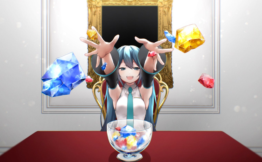 1girl aqua_eyes aqua_hair aqua_neckwear arms_up bare_shoulders black_sleeves bowl breasts chair commentary crystal detached_sleeves drawing_kanon foreshortening glass_bowl half-closed_eyes hatsune_miku indoors long_hair looking_at_viewer necktie open_mouth outstretched_arms picture_frame shirt sitting sleeveless sleeveless_shirt small_breasts smile solo table throwing twintails upper_body very_long_hair vocaloid white_shirt