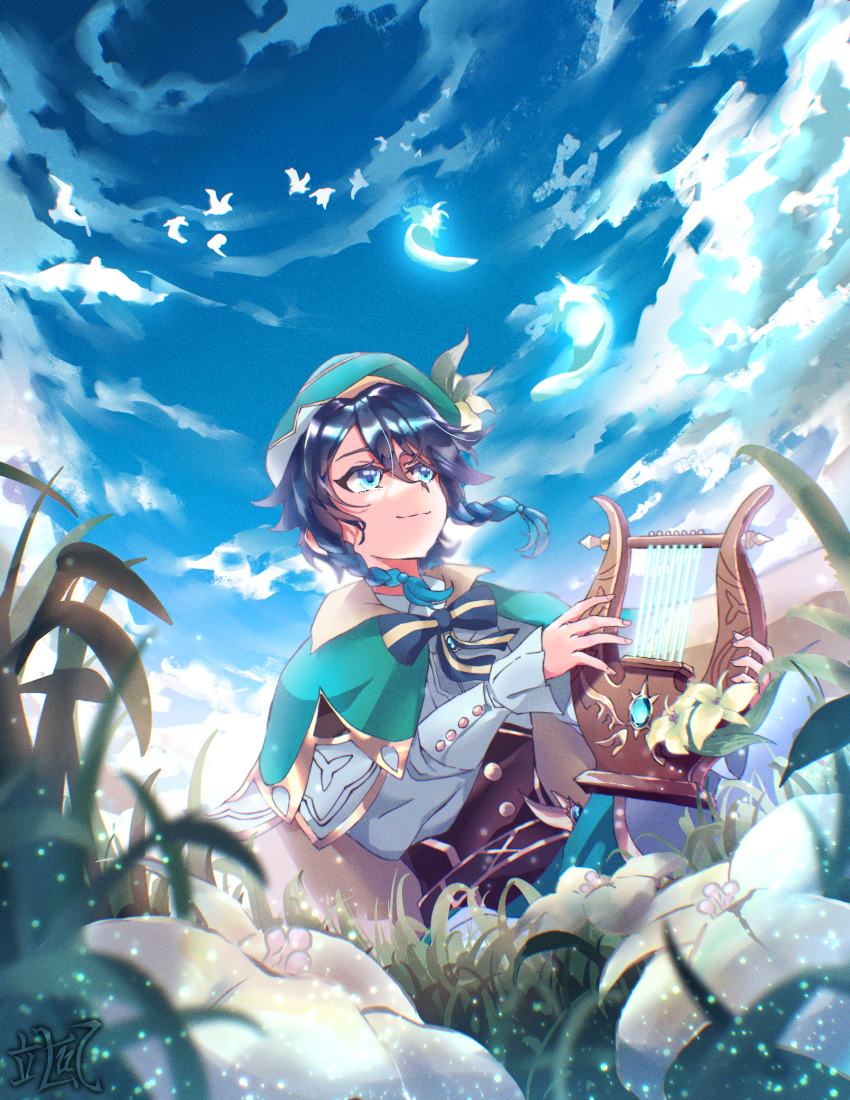 1boy absurdres androgynous bangs beret bird black_hair blue_eyes blue_hair blurry blurry_foreground bow braid brooch cape clouds cloudy_sky collared_cape corset day flower frilled_sleeves frills gem genshin_impact gradient_hair grass green_headwear green_shorts hat hat_flower highres holding holding_instrument huge_filesize instrument jewelry leaf light_particles long_sleeves luc_(user_xzsx2472) lyre male_focus multicolored_hair outdoors shirt short_hair_with_long_locks shorts sky smile solo twin_braids venti_(genshin_impact) white_flower white_legwear white_shirt