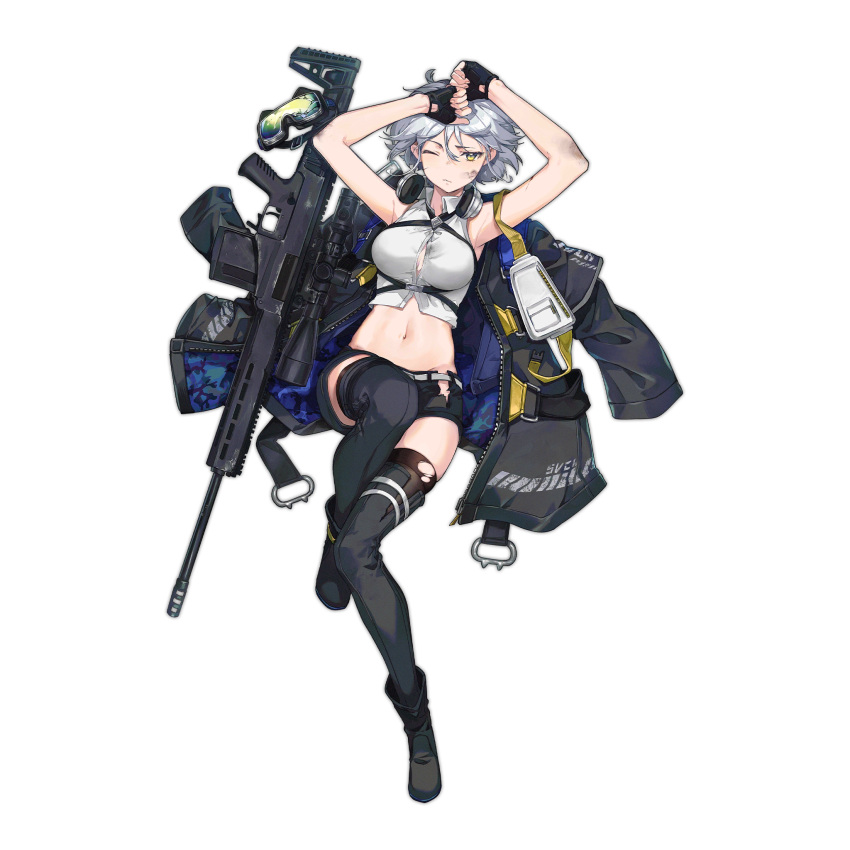 1girl armpits arms_up bare_arms bare_shoulders belt black_footwear black_gloves black_legwear black_shorts boots breasts bruise bruise_on_face button_gap chukavin_svch closed_mouth collared_shirt crop_top fingerless_gloves frown girls_frontline gloves goggles goggles_removed green_eyes gun headphones headphones_around_neck highres injury looking_at_viewer medium_breasts midriff multiple_straps nagu navel official_art one_eye_closed rifle scope shirt short_hair short_shorts shorts silver_hair sleeveless sleeveless_shirt sniper_rifle solo stomach svch_(girls_frontline) thigh-highs thighs torn_clothes torn_legwear torn_shorts transparent_background wavy_mouth weapon white_shirt