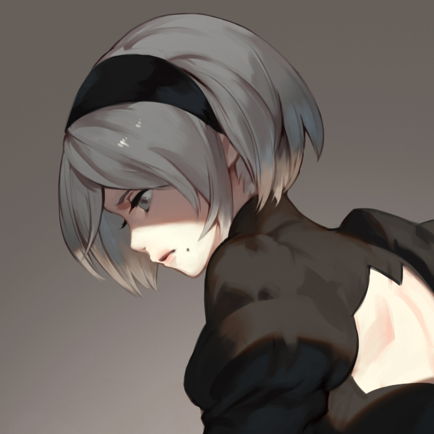 1girl bangs black_dress black_hairband commentary_request dress from_side gradient gradient_background grey_background grey_eyes hairband jiro_(ninetysix) juliet_sleeves long_sleeves looking_down mole mole_under_mouth nier_(series) nier_automata profile puffy_sleeves shiny shiny_hair short_hair solo upper_body yorha_no._2_type_b