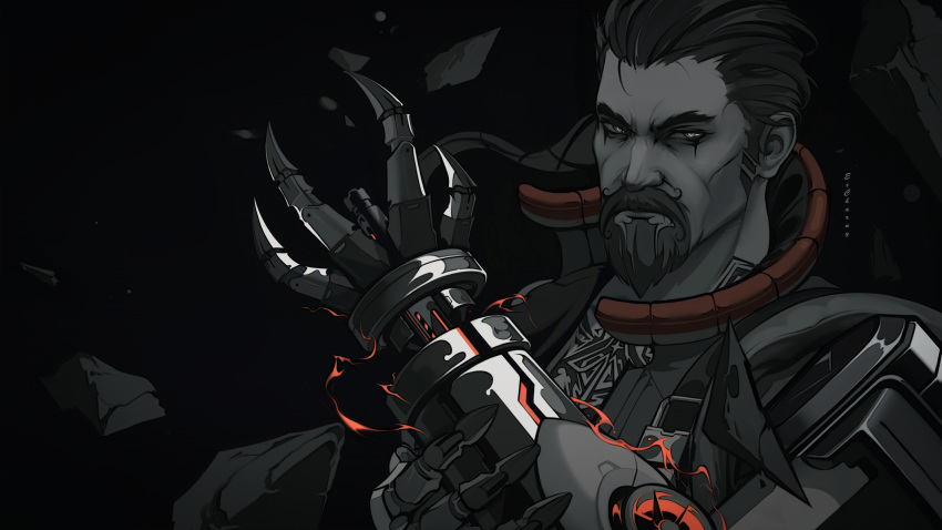 1boy arm_cannon beard black_background breach_(valorant) cyborg english_commentary excharny facial_hair hair_behind_ear highres looking_at_viewer male_focus mechanical_arms monochrome mustache science_fiction scowl solo spot_color upper_body v-shaped_eyebrows valorant weapon