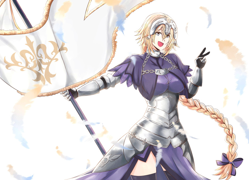 absurdres armor backlighting blonde_hair blue_eyes breasts chain fate/grand_order fate_(series) feathers hair_between_eyes headpiece highres jeanne_d'arc_(fate) jeanne_d'arc_(fate)_(all) large_breasts long_braid smile standard_bearer thigh-highs thighs untold v white_background