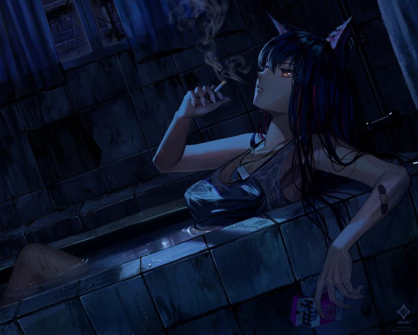 1girl a0lp animal_ears arknights artist_name bandaid bandaid_on_arm bangs bath black_hair breasts cigarette cigarette_pack commentary curtains english_commentary fingernails highres holding holding_cigarette jewelry long_hair looking_up medium_breasts night pendant shirt smoking solo texas_(arknights) twitter_username wet wet_clothes wet_shirt window wolf_ears wolf_girl yellow_eyes