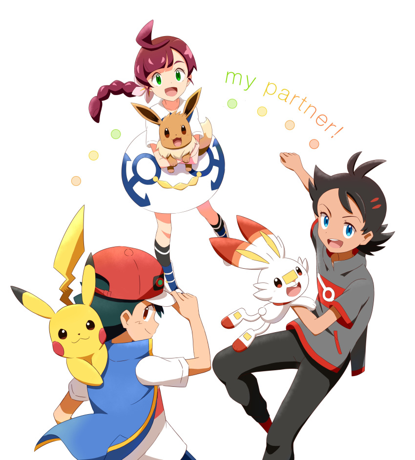 1girl 2boys absurdres antenna_hair ash_ketchum bangs baseball_cap black_legwear black_pants blue_eyes blue_jacket brown_eyes chloe_(pokemon) closed_mouth commentary_request dress eevee eyelashes flower gen_1_pokemon gen_8_pokemon goh_(pokemon) green_eyes grey_shirt hair_flower hair_ornament hand_on_headwear haruhi_(xy161027z) hat highres holding holding_pokemon jacket long_hair looking_at_viewer multiple_boys open_mouth pants pikachu pokemon_(creature) pokemon_on_back scorbunny shirt short_sleeves sleeveless sleeveless_jacket smile socks starter_pokemon teeth tongue white_dress white_shirt