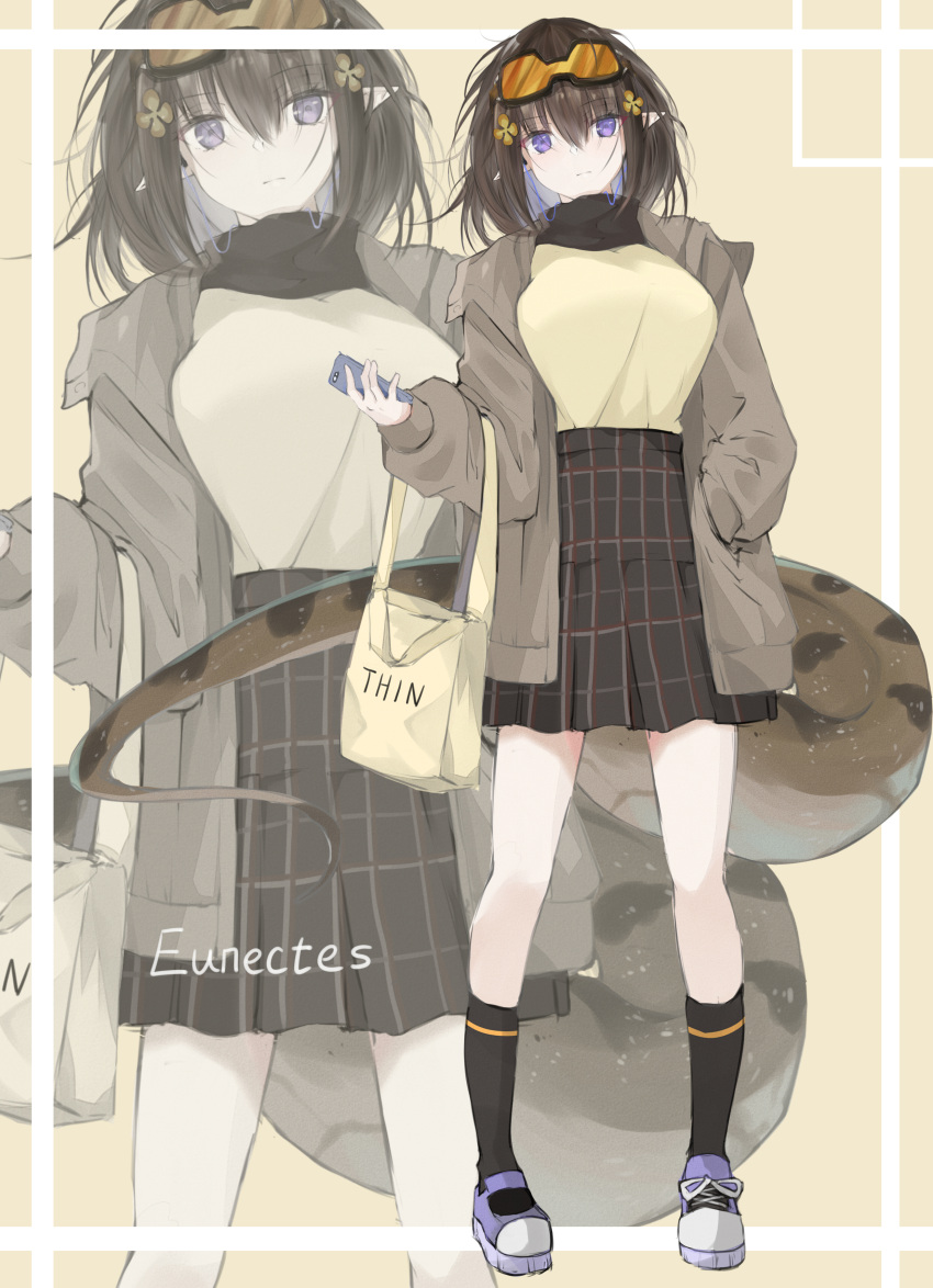 1girl absurdres alternate_costume arknights bag bangs beige_background beige_shirt black_hair black_legwear black_scarf black_skirt casual character_name commentary_request eunectes_(arknights) eyebrows_visible_through_hair goggles goggles_on_head grey_jacket hand_in_pocket handbag highres jacket kaminarichyan kneehighs long_sleeves long_tail looking_at_viewer miniskirt open_clothes open_jacket pointy_ears purple_footwear scarf shirt shoes short_hair simple_background skirt snake_tail sneakers standing tail violet_eyes zoom_layer