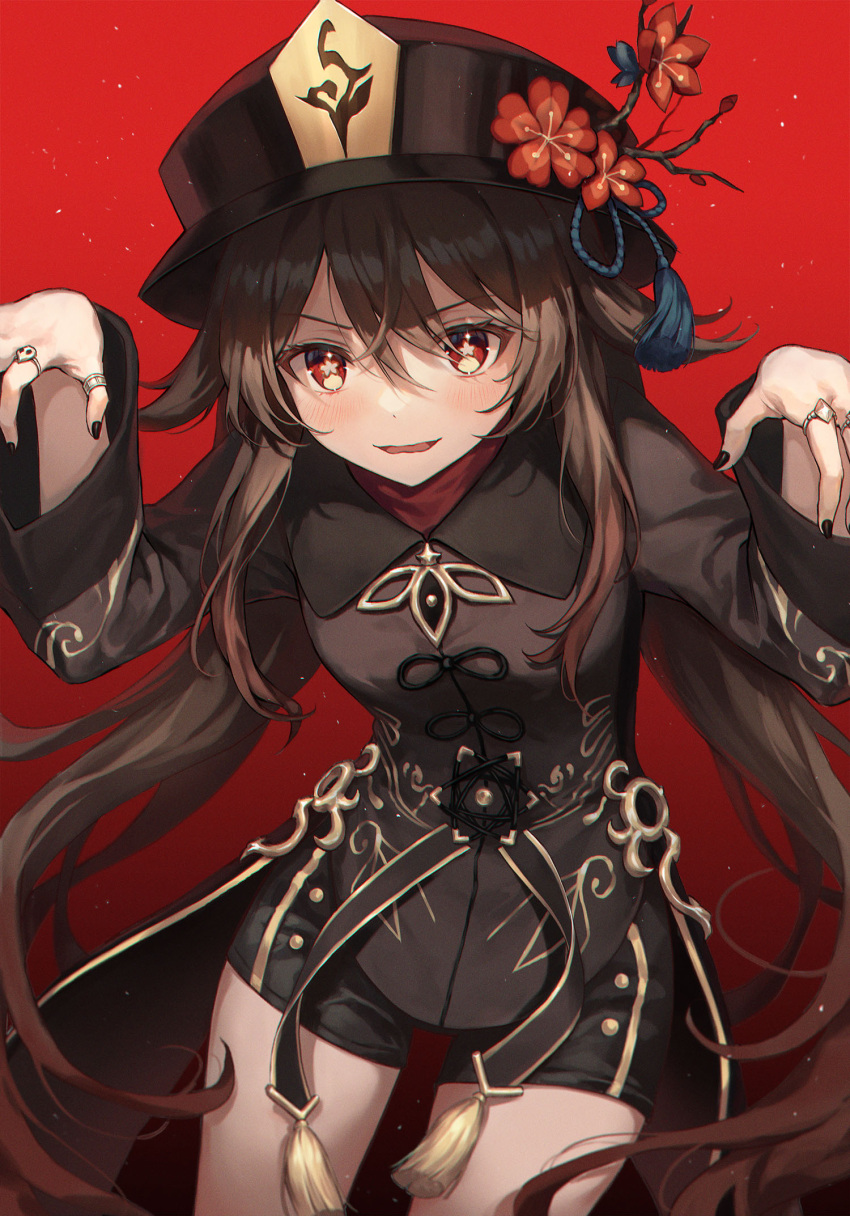 1girl bangs black_coat black_headwear black_shorts blush breasts brown_hair coat coattails flower genshin_impact hat hat_flower highres hu_tao jewelry long_hair long_sleeves looking_at_viewer open_mouth plum_blossoms r_o_ha red_eyes ring shorts small_breasts smile symbol-shaped_pupils thighs twintails very_long_hair