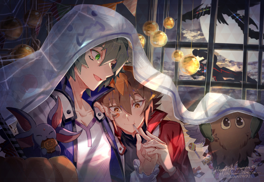 2020 2boys :d :t bishounen black_shirt blue_jacket brown_hair candy collarbone dated duel_academy_uniform_(yu-gi-oh!_gx) eating food green_hair halloween happy_halloween jacket johan_andersen lollipop male_focus medium_hair multicolored_hair multiple_boys open_clothes open_jacket open_mouth red_jacket shirt sleeveless sleeveless_jacket smile twitter_username two-tone_hair under_covers upper_body white_shirt winged_kuriboh youmicitrustea yu-gi-oh! yu-gi-oh!_gx yuuki_juudai