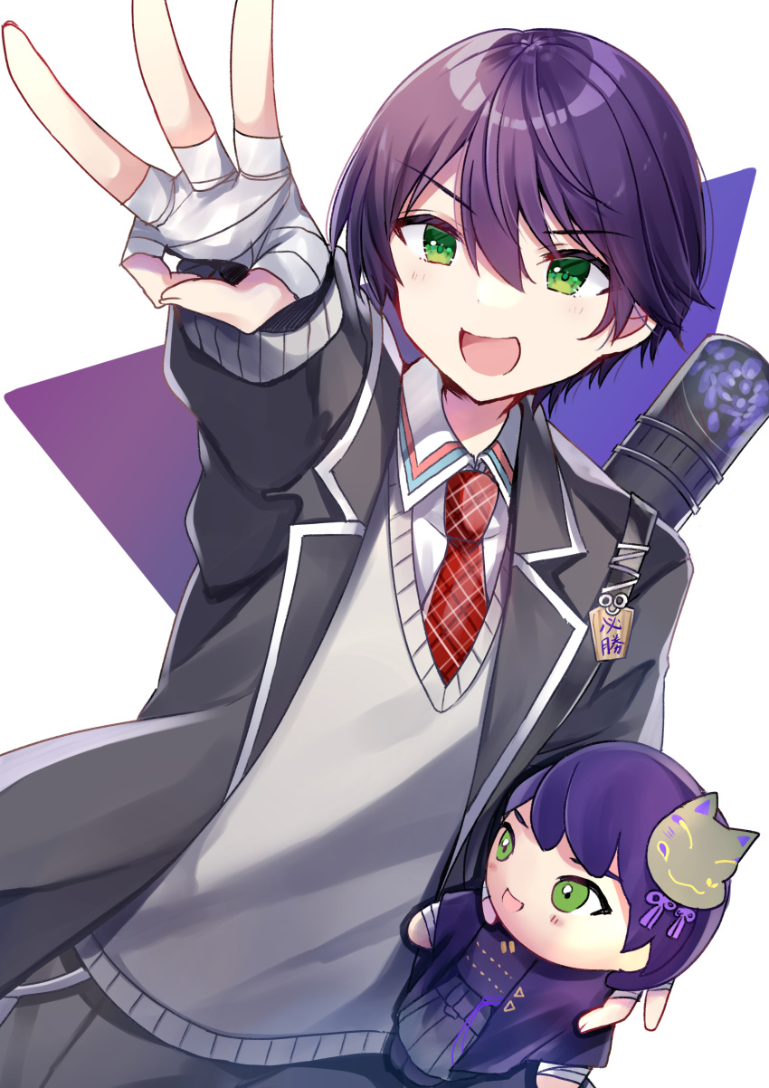 1boy :d absurdres bandaged_hands bandages bangs black_jacket black_pants blazer blush character_doll collared_shirt commentary_request eyebrows_visible_through_hair foreshortening green_eyes grey_sweater hair_between_eyes highres jacket kenmochi_touya male_focus middle_w minami_saki necktie nijisanji open_blazer open_clothes open_jacket open_mouth outstretched_arm pants plaid_neckwear red_neckwear shirt smile solo sweater violet_eyes w white_background white_shirt