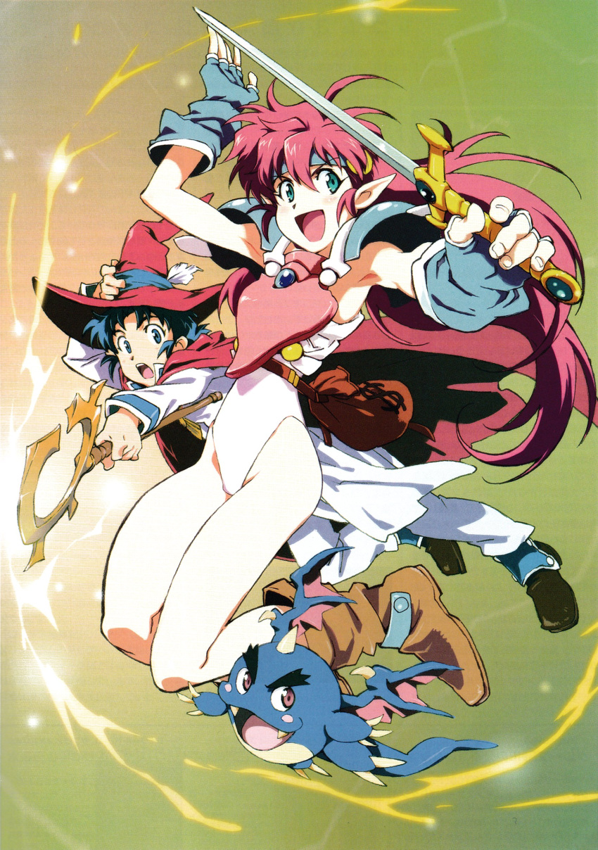 1990s_(style) 1boy 1girl absurdres armor bangs blue_gloves blue_hair boots brown_footwear dollar_sign fingerless_gloves gaw_(popful_mail) gloves hat headband highres holding holding_staff holding_sword holding_weapon leotard long_hair long_sleeves looking_at_viewer magic mail_(popful_mail) moneybag official_art open_mouth outstretched_arms pauldrons pointy_ears popful_mail redhead retro_artstyle scan short_hair shoulder_armor staff sword tatto_(popful_mail) weapon white_leotard witch_hat