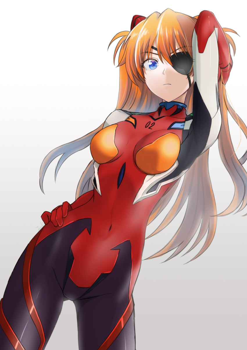 1girl arm_up bangs blue_eyes bodysuit breasts breasts_apart brown_hair closed_mouth contrapposto covered_navel cowboy_shot eyebrows_visible_through_hair eyepatch gradient gradient_background grey_background hair_between_eyes hand_on_hip highres ivuki long_hair medium_breasts neon_genesis_evangelion plugsuit rebuild_of_evangelion red_bodysuit shikinami_asuka_langley shiny shiny_hair solo souryuu_asuka_langley standing very_long_hair white_background