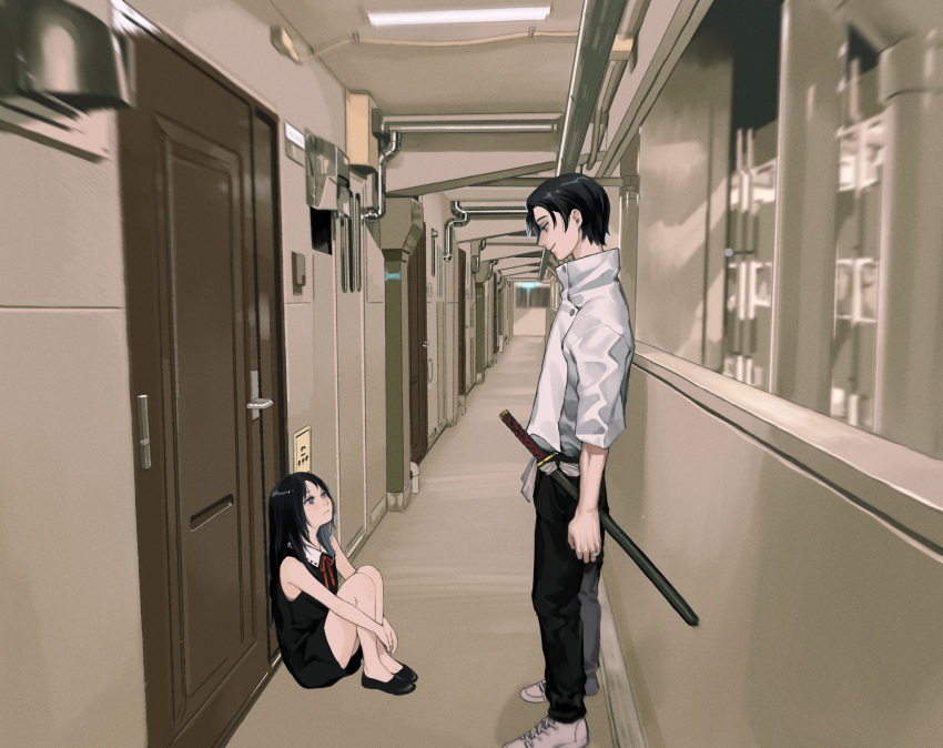 1boy 1girl age_difference bangs belt black_hair black_pants blue_eyes buttons child day dress flats hallway high_collar highres indoors jewelry jujutsu_kaisen knees_on_chest legs_together long_hair looking_at_another mole mole_under_mouth okkotsu_yuuta orimoto_rika pants parted_bangs pipes ring sheath sheathed shirt shoes short_hair short_sleeves sitting sleeveless sleeveless_dress smile sneakers standing swept_bangs sword takeda_breath vanishing_point weapon white_shirt wide_shot