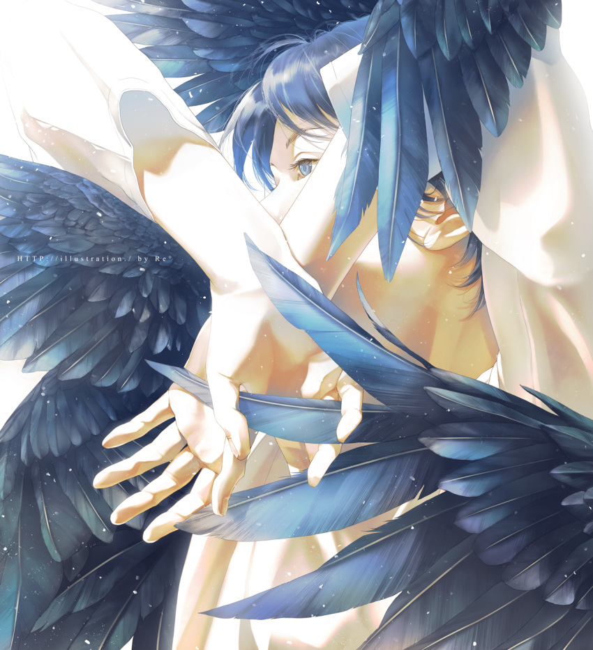 1boy arms_up black_wings blue_eyes close-up covered_mouth crossed_wrists dark_blue_hair expressionless eyelashes face facing_away feathered_wings feathers fingernails hands highres light light_particles looking_afar male_focus original palms profile rido_(ridograph) shaded_face shiny shiny_hair shirt simple_background upper_body white_background white_shirt wings