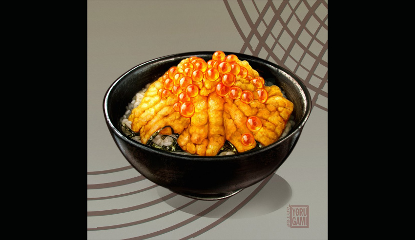 artofyorugami bowl egg fish food food_focus highres ikura_(food) meat no_humans original realistic rice roe seaweed simple_background still_life