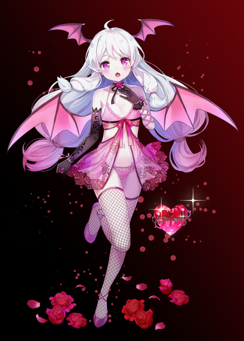 1girl absurdres ahoge alternate_eye_color babydoll bare_shoulders black_choker black_gloves choker collarbone demon_girl demon_wings elbow_gloves fangs fishnet_legwear fishnets flat_chest flower full_body gloves halterneck hand_up head_wings heart highres kyjsogom leg_up lingerie long_hair looking_at_viewer low_twintails multi-strapped_panties navel official_art panties pink_eyes pink_panties red_flower rose see-through shoes simple_background single_elbow_glove slit_pupils solo soul_worker spaghetti_strap standing standing_on_one_leg stella_unibell stomach string_panties thigh-highs twintails underwear underwear_only very_long_hair white_background white_hair wings