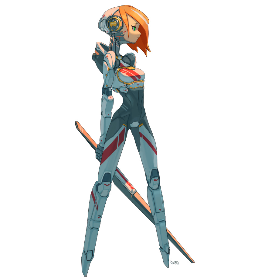 1girl absurdres arms_behind_back bokken breasts cyberpunk cyborg from_side full_body green_eyes hair_over_one_eye highres holding holding_sword holding_weapon joints koutetu_yarou long_legs metal_skin no_feet orange_hair original robot_joints small_breasts solo standing sword weapon white_background wooden_sword