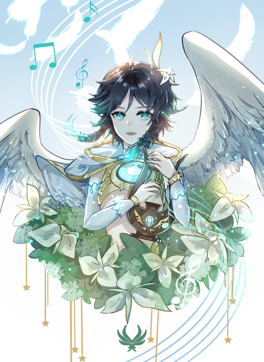 1boy absurdres alternate_costume androgynous bangs black_hair blue_hair bracelet braid capelet crackingtaro crop_top cropped_torso detached_sleeves eyebrows_visible_through_hair feathered_wings feathers flower genshin_impact glowing gradient_hair green_eyes hair_flower hair_ornament highres holding holding_instrument hood hood_down hooded_capelet instrument jewelry leaf light_particles long_sleeves looking_at_viewer lyre male_focus multicolored_hair music musical_note open_mouth short_hair_with_long_locks simple_background singing smile solo star_(symbol) twin_braids venti_(genshin_impact) white_flower wings