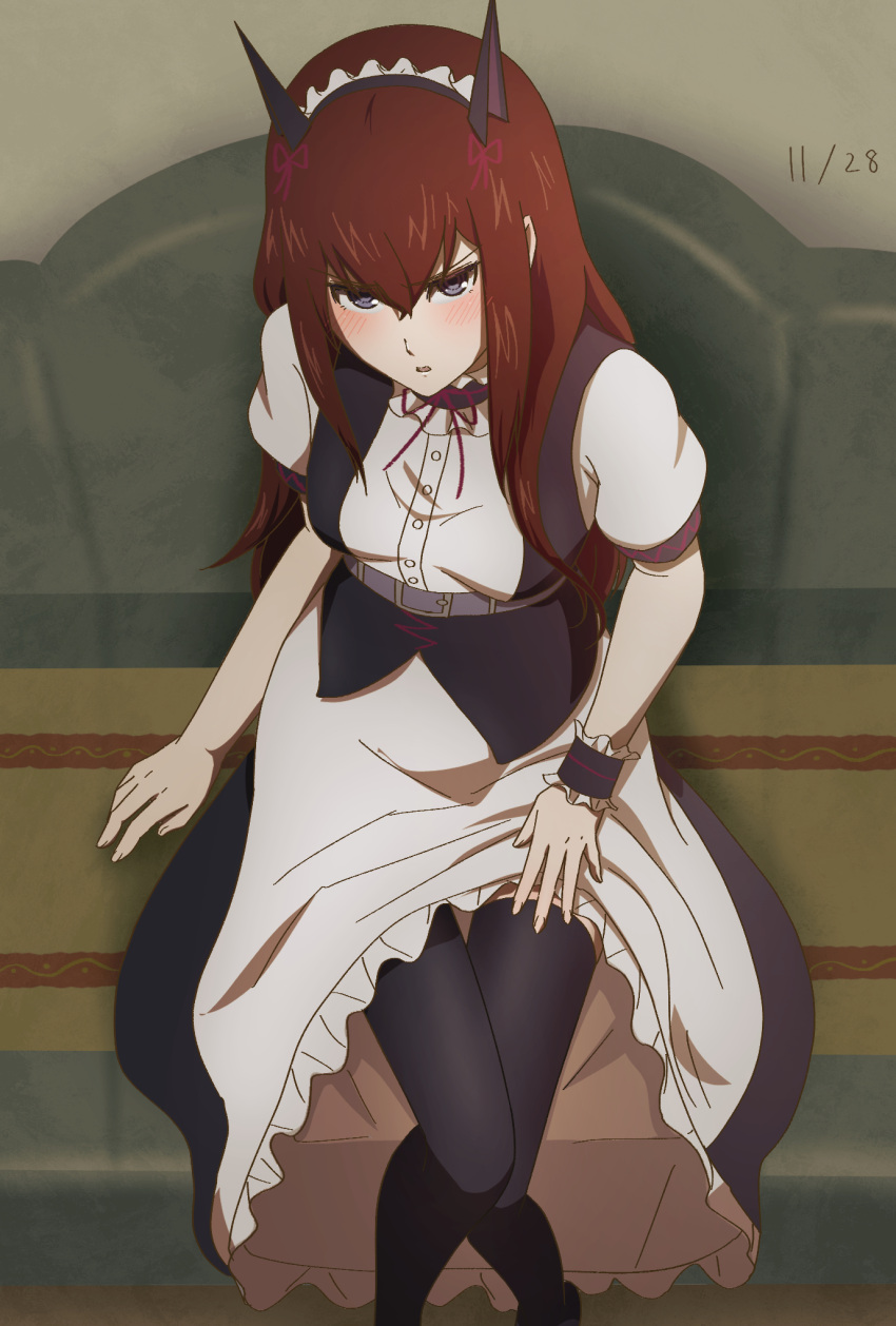 1girl apron apron_lift bangs belt belt_buckle black_legwear black_skirt blue_eyes blush brown_hair buckle dated dress_shirt from_below hair_between_eyes highres long_hair long_skirt maid_headdress makise_kurisu neck_ribbon open_mouth red_ribbon ribbon shiny shiny_hair shirt short_sleeves sitting skirt skirt_lift solo steins;gate tayutau0a0 thigh-highs very_long_hair waist_apron white_apron white_shirt