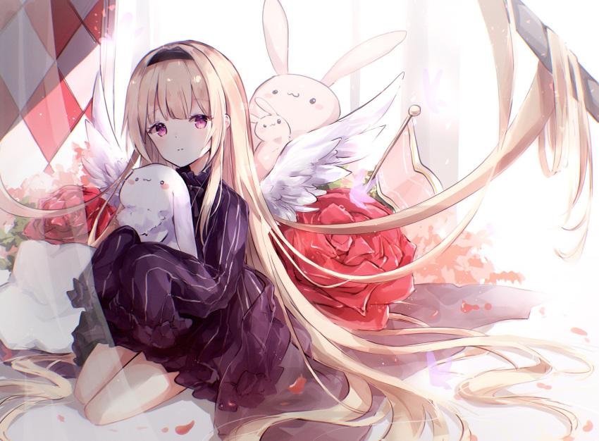 1girl absurdly_long_hair angel_wings bangs black_bow black_hairband blonde_hair blush bow bowtie closed_mouth dress eyebrows_visible_through_hair flower frilled_dress frilled_sleeves frills hairband hands_up highres holding holding_stuffed_toy kneeling long_hair long_sleeves looking_at_viewer miyu_(miy_u1308) original pillow purple_dress rose sleeves_past_fingers sleeves_past_wrists solo striped striped_dress stuffed_animal stuffed_toy very_long_hair violet_eyes wings