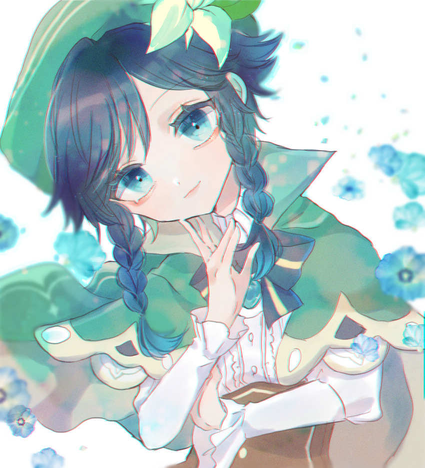 1boy 96me absurdres androgynous bangs beret black_hair blue_eyes blue_flower blue_hair bow braid brooch cape closed_mouth collared_cape corset eyebrows_visible_through_hair flower frilled_sleeves frills gem genshin_impact gradient_hair green_headwear hand_on_own_chin hat hat_flower highres huge_filesize jewelry leaf long_sleeves looking_at_viewer male_focus multicolored_hair shirt short_hair_with_long_locks simple_background smile solo twin_braids venti_(genshin_impact) white_flower white_shirt